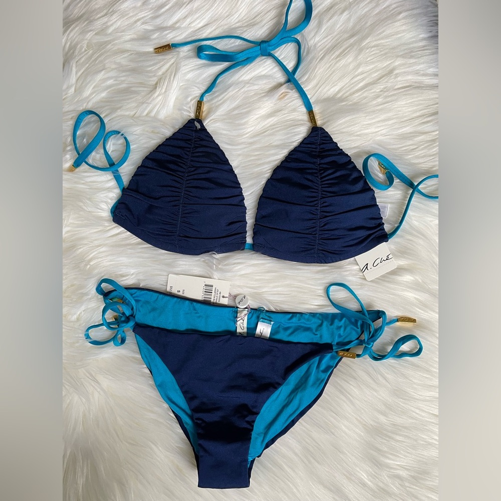 Not for sale *** A. Ché Bikini Set Teal/Navy Ruched Sz S NWT